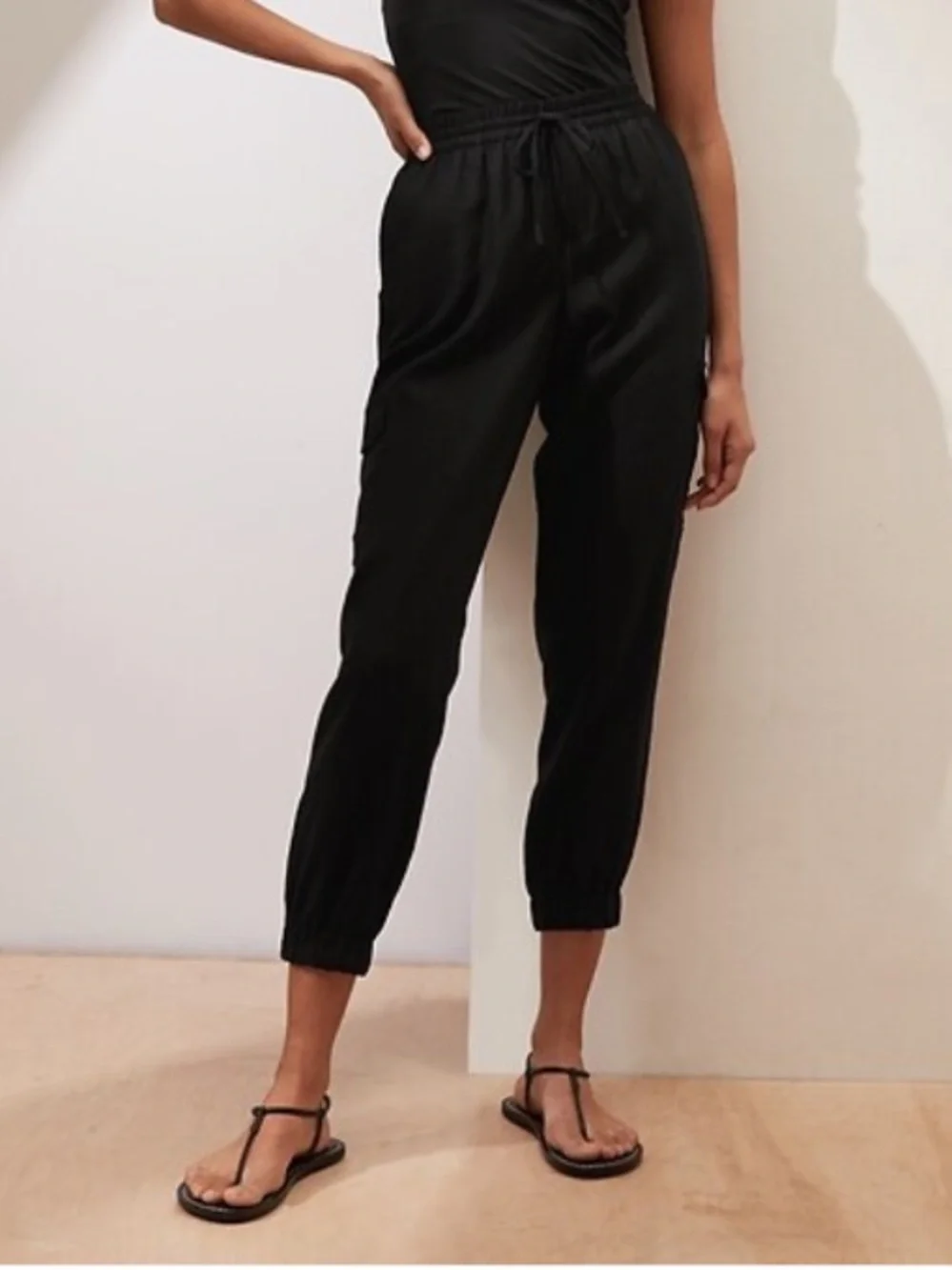 Banana Republic Linen Blend High Rise Pull-On Cargo Jogger Pant Black Large